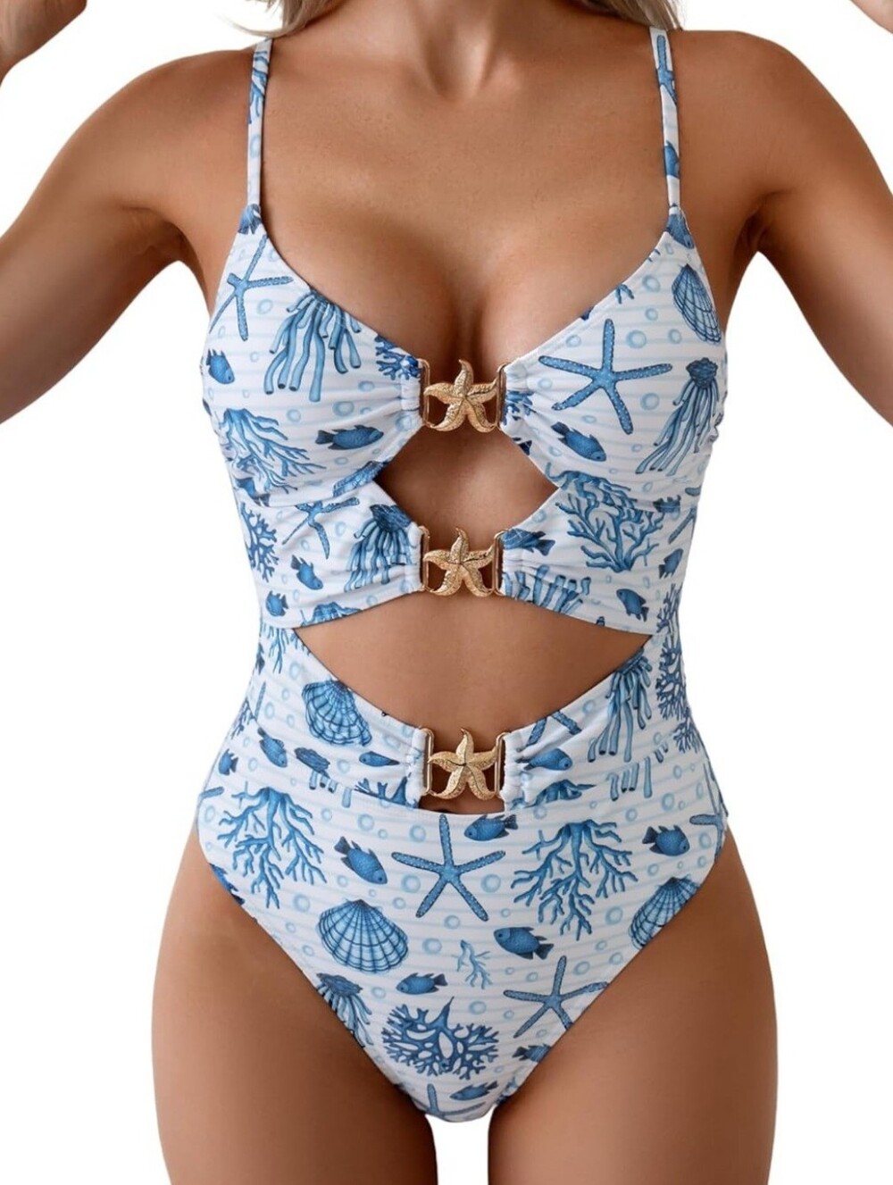 White Blue Sea Motif Cutout One-Piece Swimsuit with Gold Starfish Accents XXL